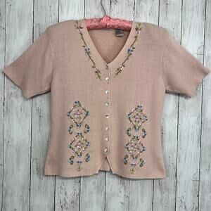 Vintage Carolyn Taylor Floral Embroidered Short Sleeve Knit Cardigan Sweater